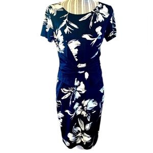NWT VfEmage Dress Med Black White Floral Short Sleeve Black Bow at Waist Midi